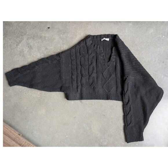 DOUBLE ZERO Chunky Knit Sweater Women's Size Medium Flecked Black Cropped V-Neck - Picture 3 of 9